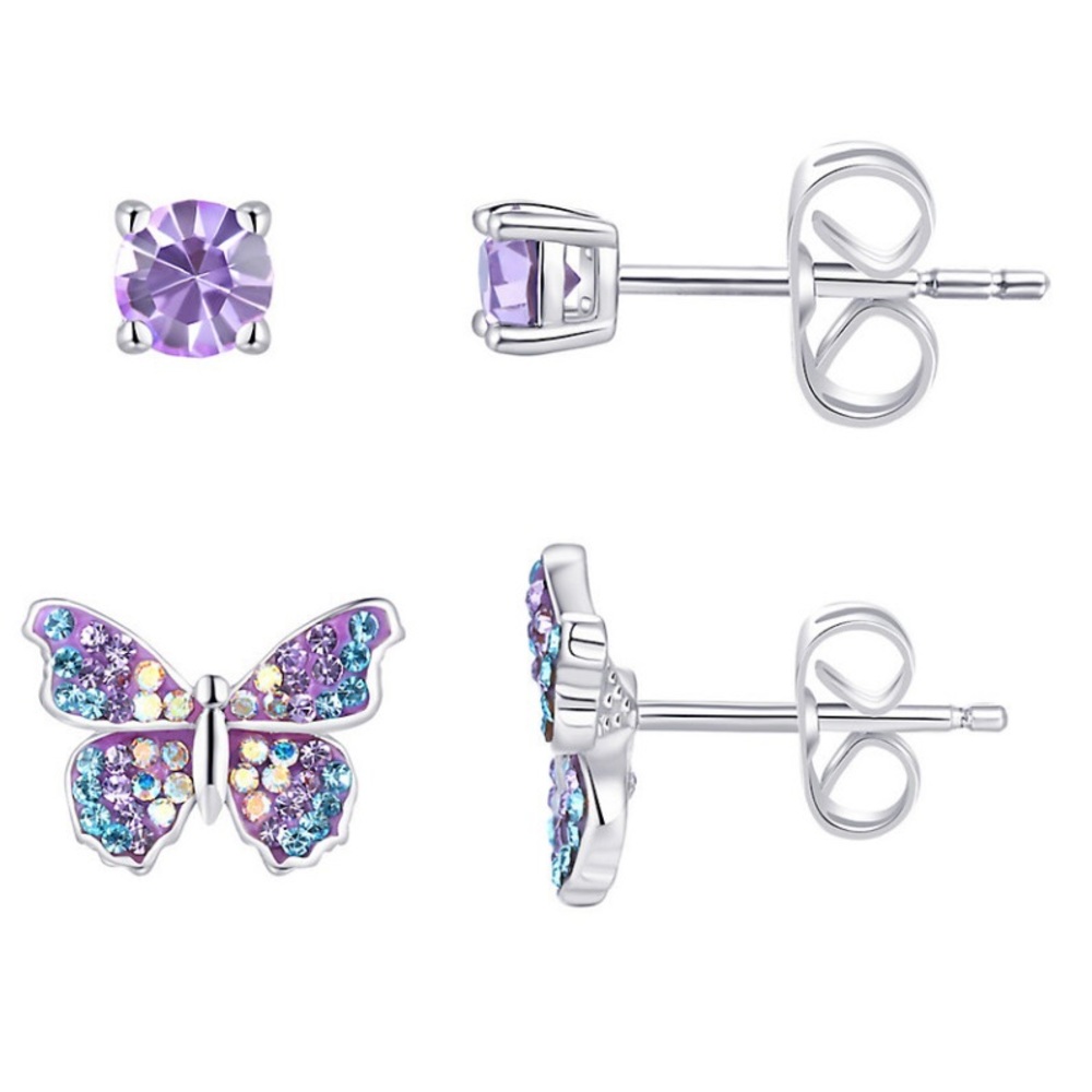 Fine Silver Plated Butterfly Stud Earrings Purple Blue GIFT Valentines Birthday